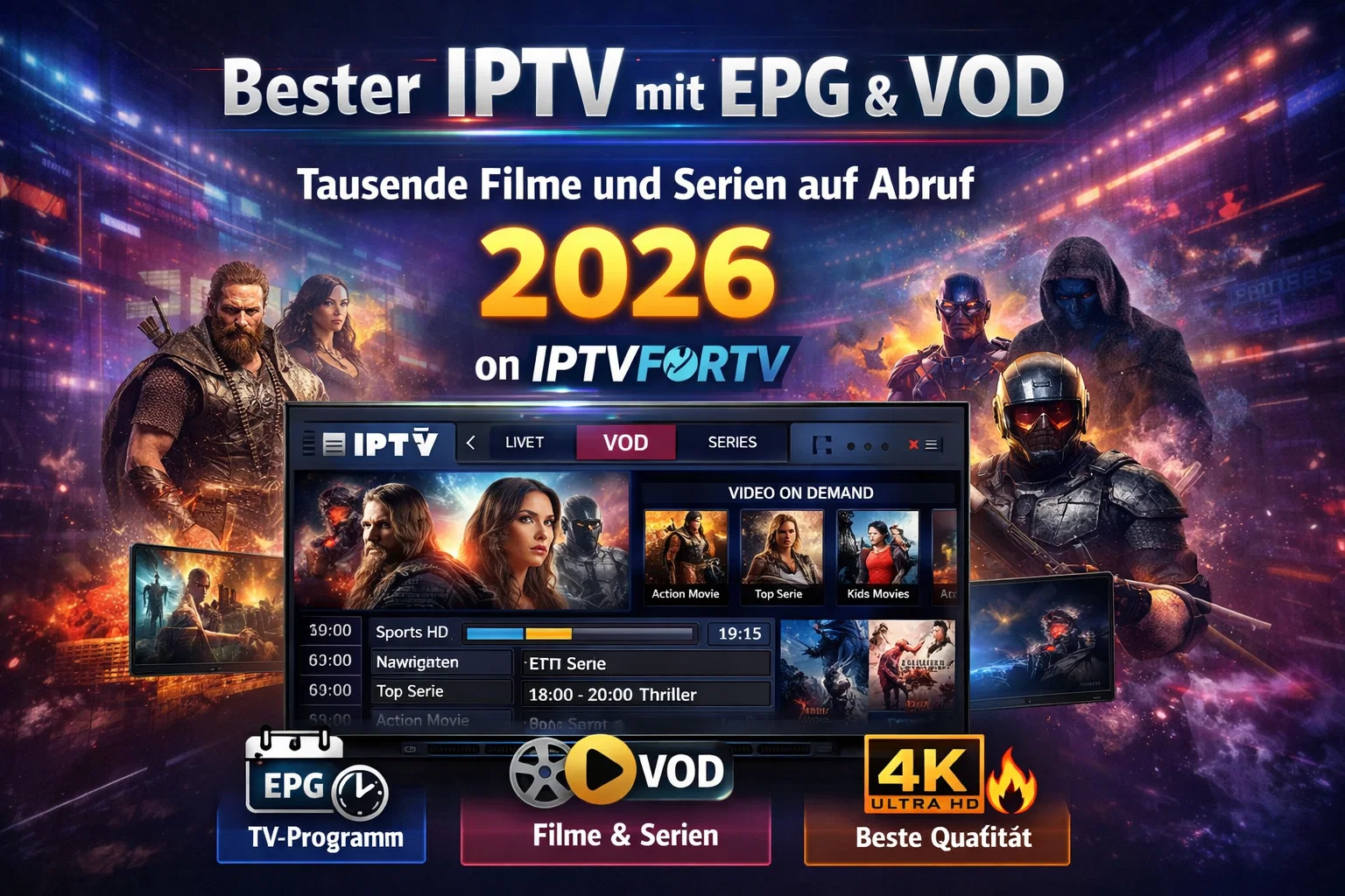 Bester IPTV mit EPG & VOD – Tausende Filme und Serien auf Abruf 2026